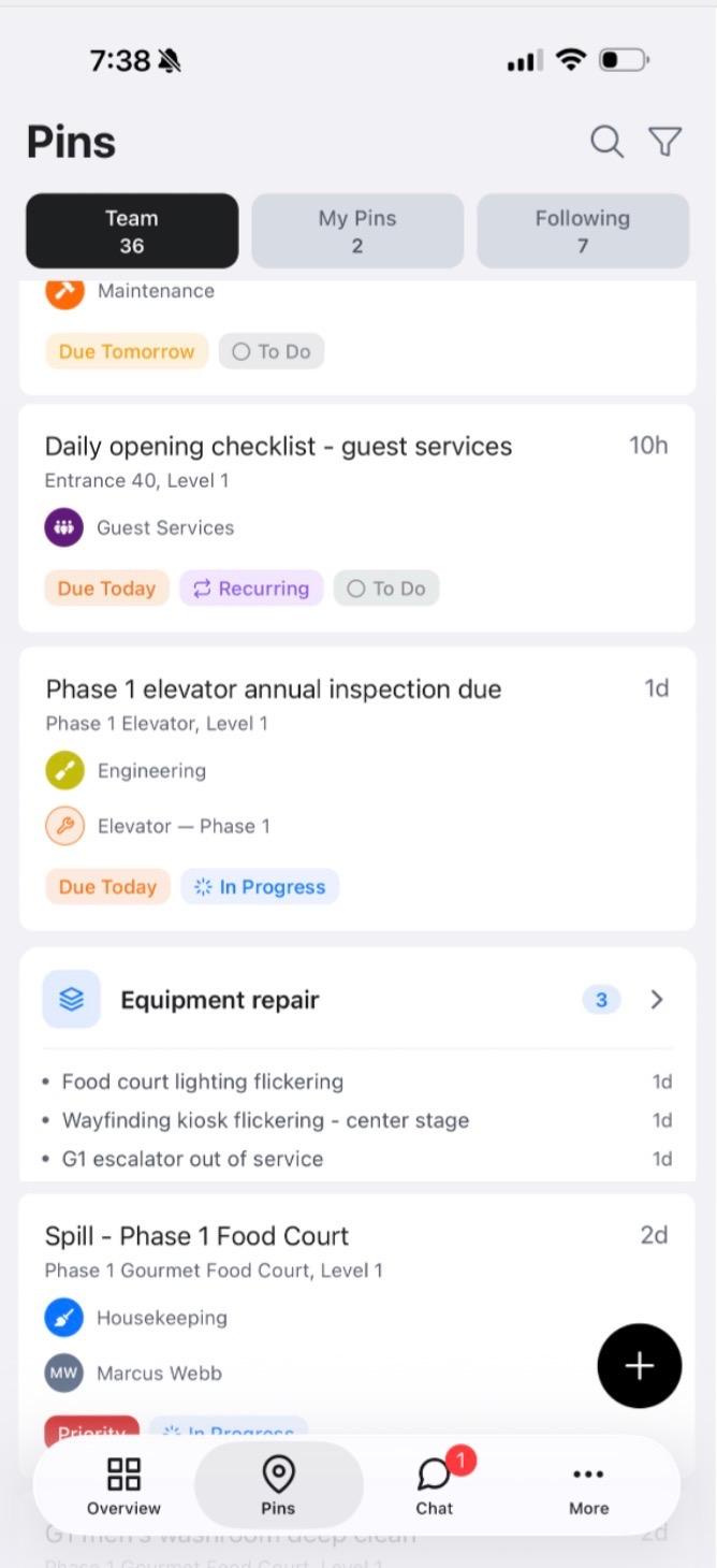 PIN mobile app showing the Pins list