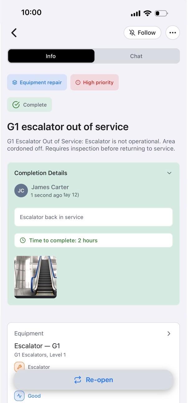PIN mobile app showing completed escalator work details
