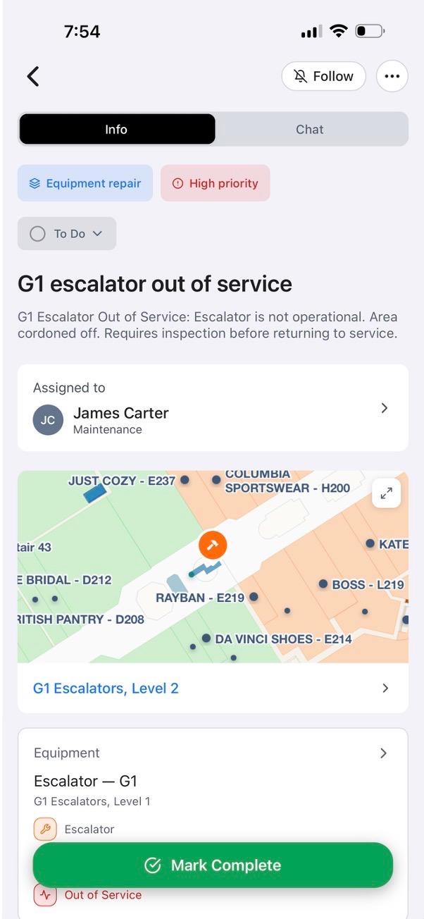 PIN mobile app showing an assigned escalator Pin with map context