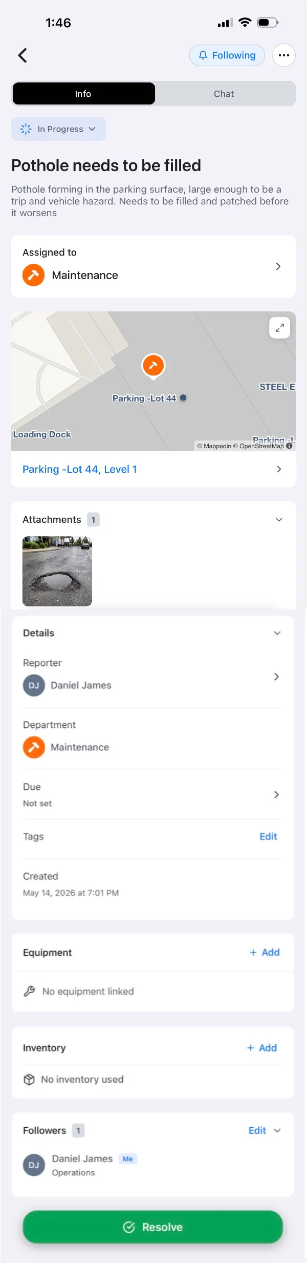An assigned Pin with map context in the PIN app